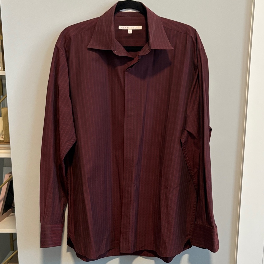 Perry Ellis Deep Burgundy Striped Patterned Dress Shirt